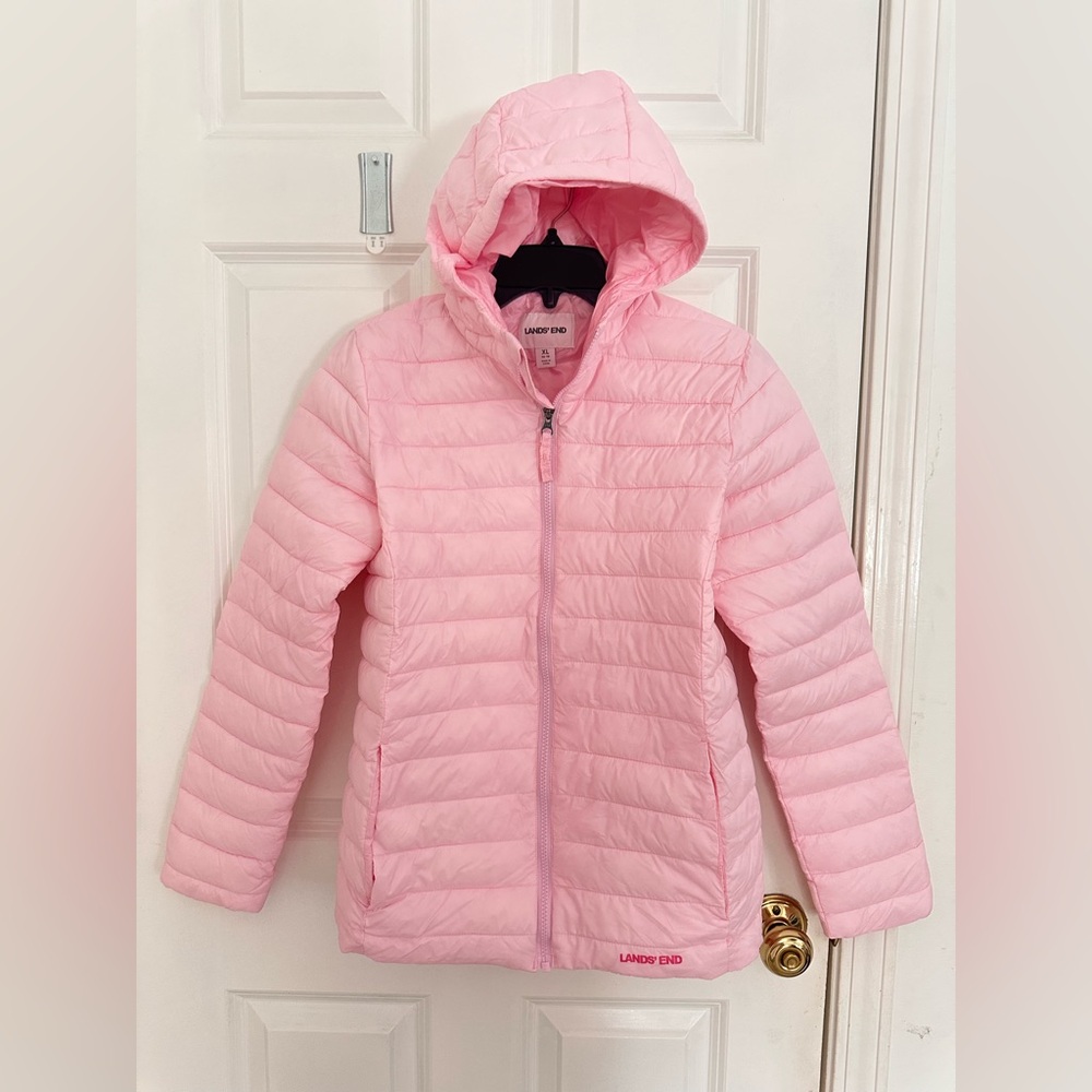 Lands' End Kids Husky FeatherFree  Hooded Packable Jacket - large - Baby Pink